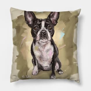 Contemporary Painting of a Cute Boston Terrier on a Beige Background Pillow