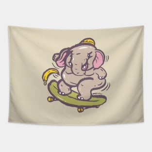 Asian elephant playing surf skate with banana Tapestry