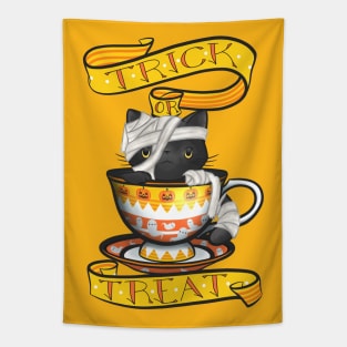 "Trick or Treat" Halloween Black Cat in a Mummy Costume Tapestry