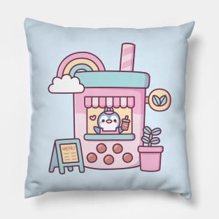 Cute Penguin Running A Bubble Tea Cafe Pillow