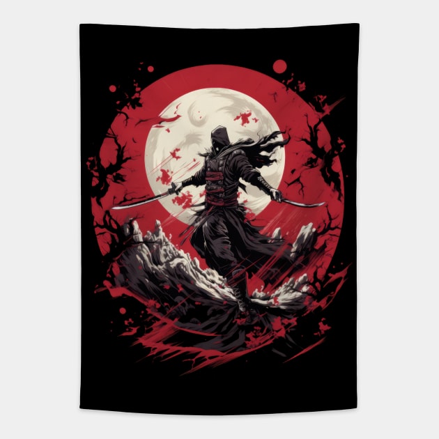 Ravishing Red Ninja: Menacing Monochrome Illustration Tapestry by YUED