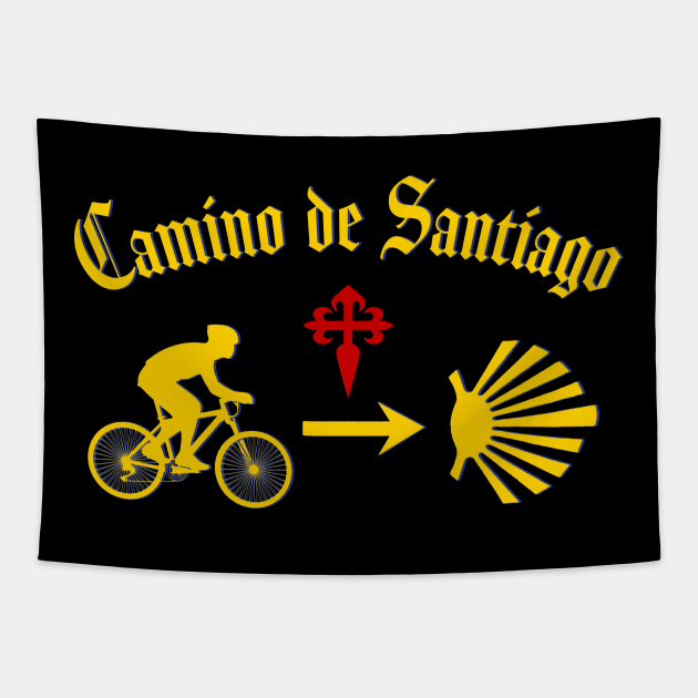 Camino de Santiago Typography Man Riding a  Bicycle Yellow Arrow Scallop Shell Red Cross Tapestry by Brasilia Catholic