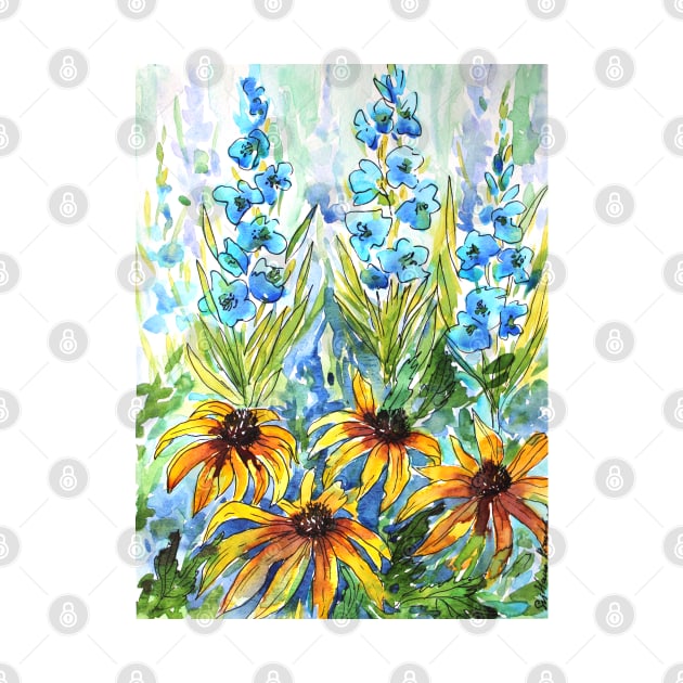 Delphinium and Echinacea  Flowers Watercolor Painting by SvitlanaProuty