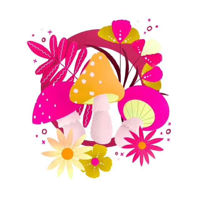 Magenta and orange retro flowers and mushrooms by Home Cyn Home 