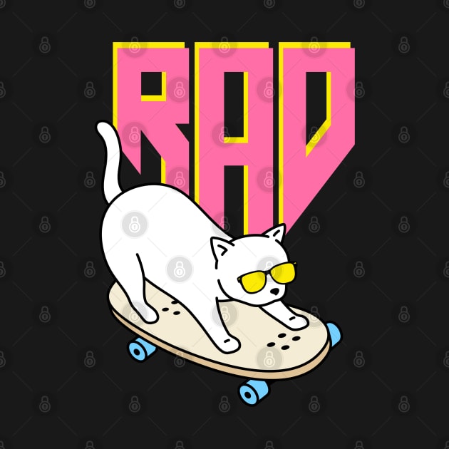 Rad White Cat on Skateboard - Silly Design by Flourescent Flamingo