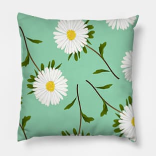 Cute White Daisies Flowers Pattern on Light Green Pillow