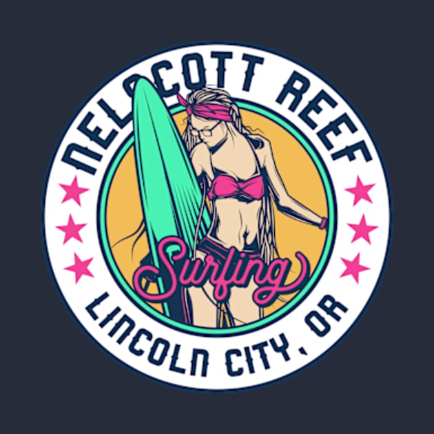 Retro Surfer Babe Badge Nelscott Reef Lincoln City Oregon by Now Boarding