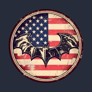 Black bat silouhette on a distressed american flag T-Shirt