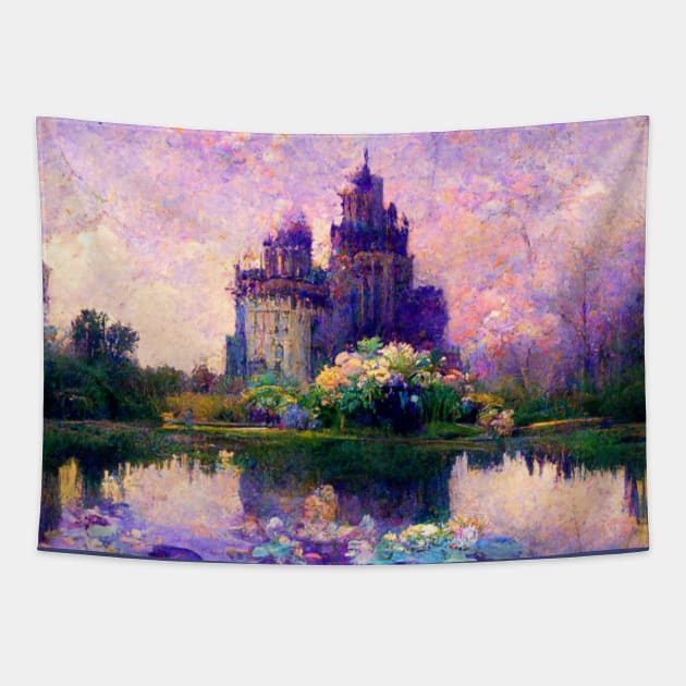 Fantasy Purple Castle Impressionism Calming Zen Painting Tapestry by joannejgg
