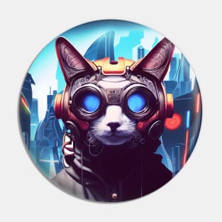 Cool Japanese Techno Cat In Future World Japan Neon City Pin