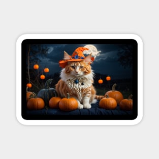 Lovely white and orange witch cat on Halloween night Magnet