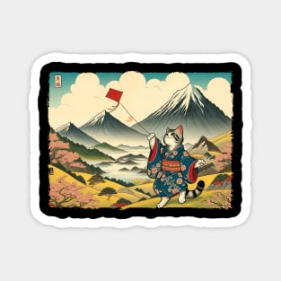 Vintage Japanese Art Kite Flying Mountain Mt. Fuji Cute Cat Magnet