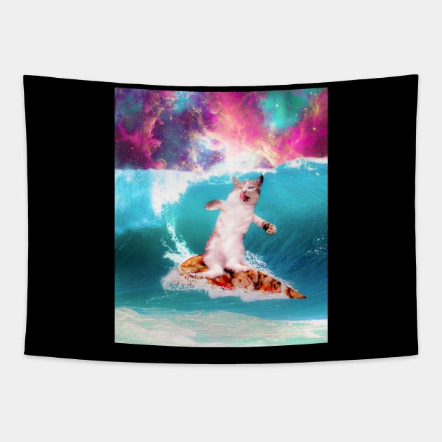 Kitty Cat Surfing Pizza In Space Tapestry by Random Galaxy