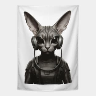 Otherworldly Beats: An Alien Feline Lost in Melodic Monochrome Tapestry