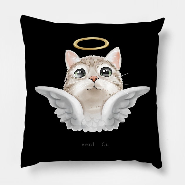 Heavenly cute slogan with cute angel cat with gold halo illustration Pillow by pmarekhersey