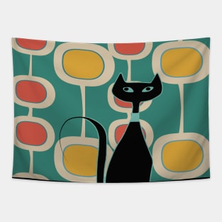 Retro Cat on Orange and Mid Century Bubbles Tapestry