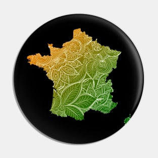 Colorful mandala art map of France with text in green and orange Pin