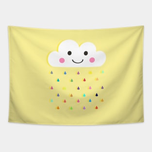 Rainbow Raindrops, Happy Rain Cloud, on Yellow Tapestry