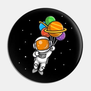 Cute Astronaut Flying With Planet Balloons In Space Cartoon Pin