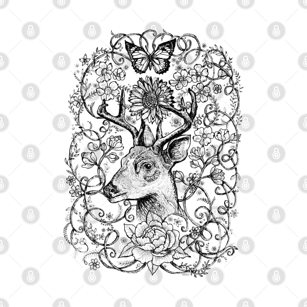 Deer with flowers - Black and White drawing - Spirt animal stag. by FanitsaArt