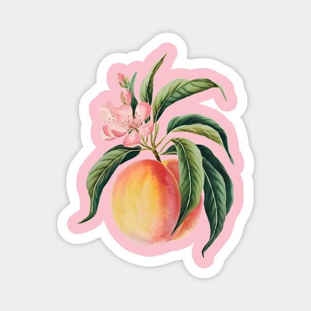 Encore  Peach on a Branch, Accompanied by Green Leaves and a Pink Peach Blossom Magnet by animegirlnft
