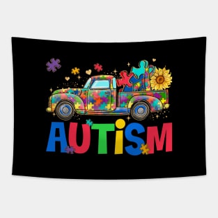 Autism Awareness Vintage Truck Puzzle Piece Tapestry