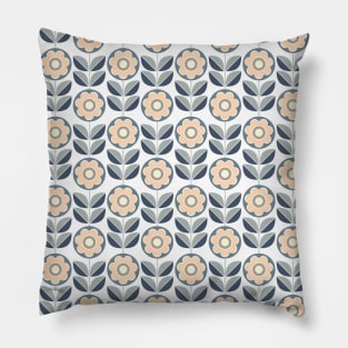 Retro Geometric Flower Pattern 5 in Blue, Grey and Peach Pillow