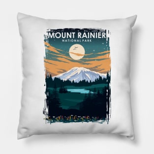 Mount Rainier National Park Vintage Minimal Retro Travel Poster at Night Pillow