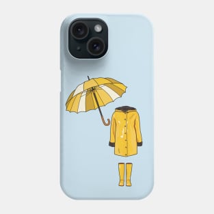 Yellow raincoat with yellow wellington boots and yellow multi toned umbrella. Cute fashion statement ready for the rain. Phone Case