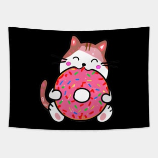 Funny Cat Eating a Donut, Kawaii Cat with Pink Donut Tapestry