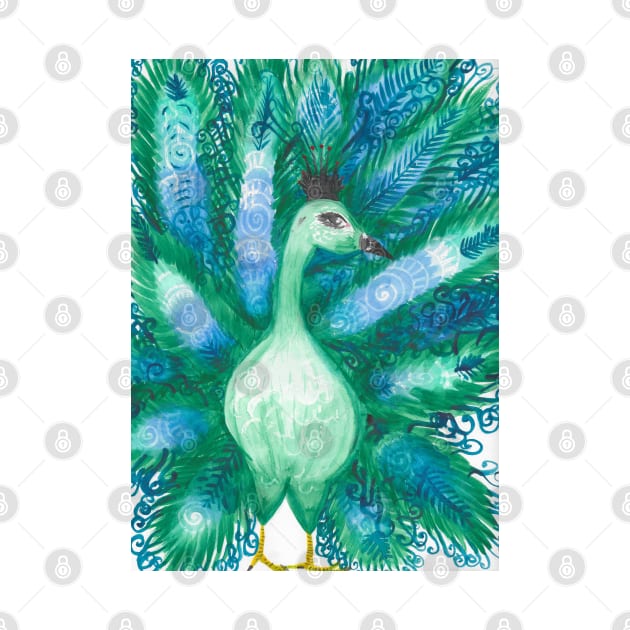 Green and Blue Swirls Watercolor Peacock Animal Portrait (Pattern) by Penny Passiflora Studio