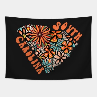 South Carolina State Design | Artist Designed Illustration Featuring South Carolina State Filled With Retro Flowers with Retro Hand-Lettering Tapestry