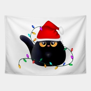 Christmas Black Cat with lights Tapestry