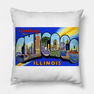 Greetings from Chicago Illinois, Vintage Large Letter Postcard Pillow