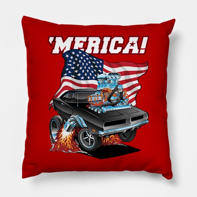 Merica Patriotic Classic Hot Rod Muscle Car USA Flag Cartoon Pillow by hobrath