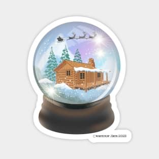 Snow Globe Santa and Reindeer Flying Over A Winter Cabin Magnet