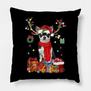 Black Chihuahua Reindeer Santa Christmas Color Lights Pillow