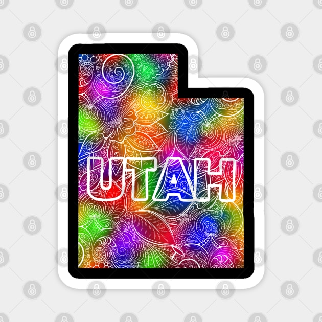 Colorful mandala art map of Utah with text in multicolor pattern Magnet by Happy Citizen