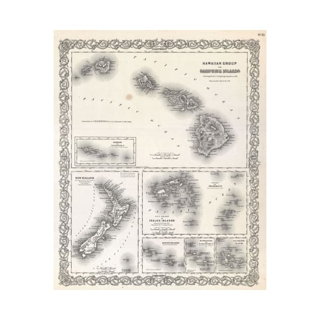 Vintage Map of Hawaii and New Zealand (1855) by Bravuramedia