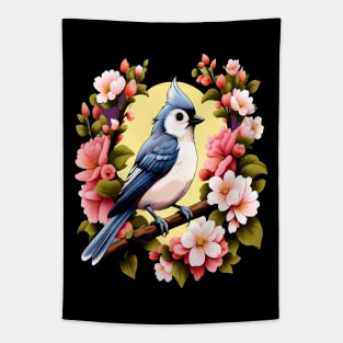 Cute Tufted Titmouse Surrounded by Vibrant Spring Flowers Tapestry