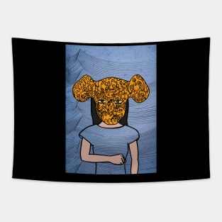 OMG: A FemaleMasked NFT with Doodle Eyes, Green Skin, and a Light Item, Set Against Waves Background Tapestry