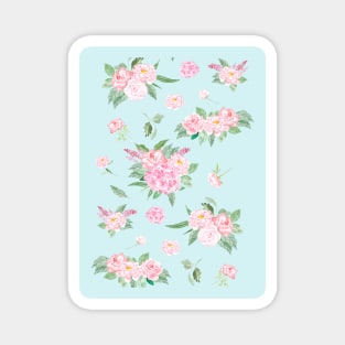 Watercolor Pink Roses Pattern On Blue Classic Magnet