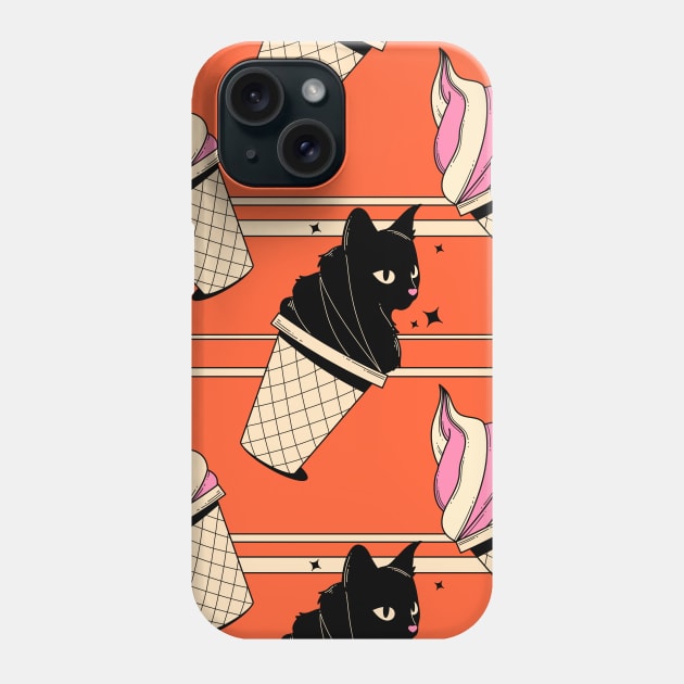 Ice Cream Black Cat Pattern in orange Phone Case by The Charcoal Cat Co.