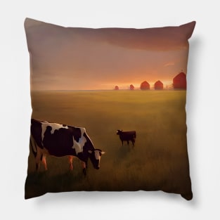 Mother and Baby Cow on Farmstead at Sunset Pillow