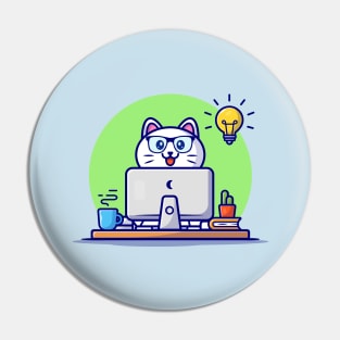 Cute Cat Working On Computer With Coffee Cup Cartoon Vector Icon Illustration Pin