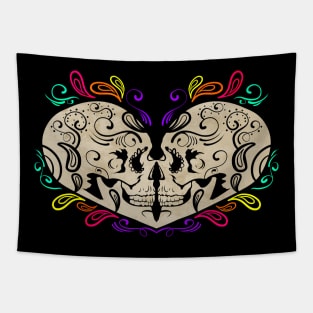 Two Sugar Skulls Forming Heart Day Of The Dead Tapestry