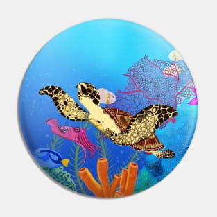 Marine Turtle Swimming Over a Coral Reef Pin