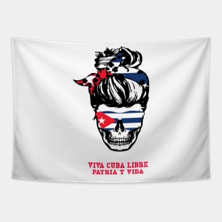 Messy Hair Bun Woman Skull Free Cuba Flag Sos Cuban Vintage Tapestry