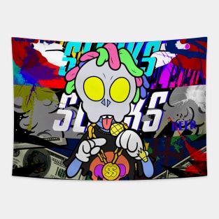 Dope Slluks skull face character rocking with a microphone drawing Tapestry