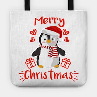 Merry Christmas Cute Baby Penguin Red and White Tote